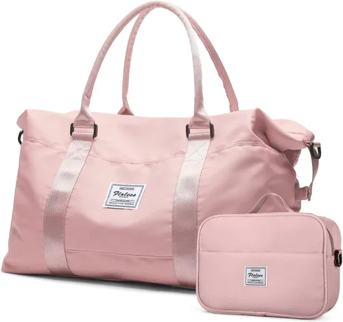 Vista 11 de Bolsas de lona de viaje, bolsa de fin de semana para mujer con bolsillo húmedo y bolsa de aseo personal, bolsa de viaje para gimnasio, Negro