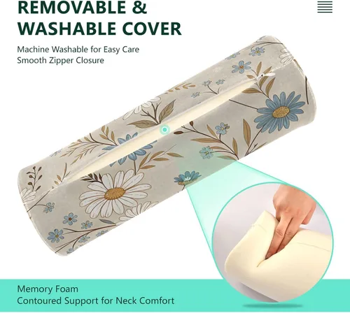 Vista 4 de Blue and White Flowers Cervical Roll Pillow, 17" Neck Support Bolster Pillow, Round Pillow for Sleeping Support and Pain Relief, with Removable