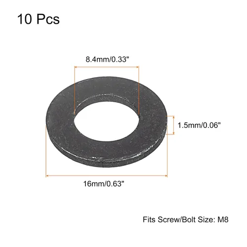 Vista 2 de Uxcell Arandela plana de acero al carbono para pernos M8, 10 piezas M8 x 16 x 1.5mm, aleación de acero negro oxidado de grado 8.8, sujetadores