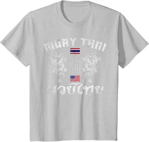 Vista 29 de Camiseta de equipo de entrenamiento de boxeo Muay Thai con bandera estadounidense de Tailandia, Negro, S