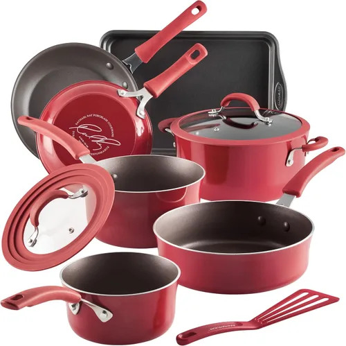 Vista 17 de Rachael Ray Cook + Create - Juego de utensilios de cocina antiadherentes de aluminio, 10 piezas, azul agave