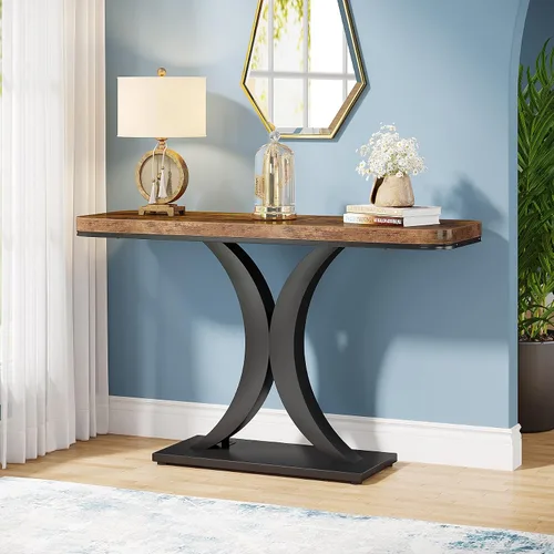 Vista 4 de Tribesigns Mesa consola industrial, mesa de entrada estrecha de 40 pulgadas con base geométrica, mesa decorativa rústica para sala de estar, entrada
