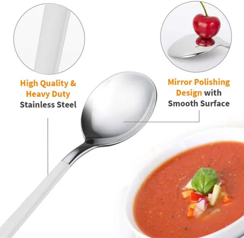 Vista 2 de Cucharas de cena de acero inoxidable de 4 piezas con borde redondo, cuchara de mesa cómoda de mango largo de 8 pulgadas, cubiertos pulidos