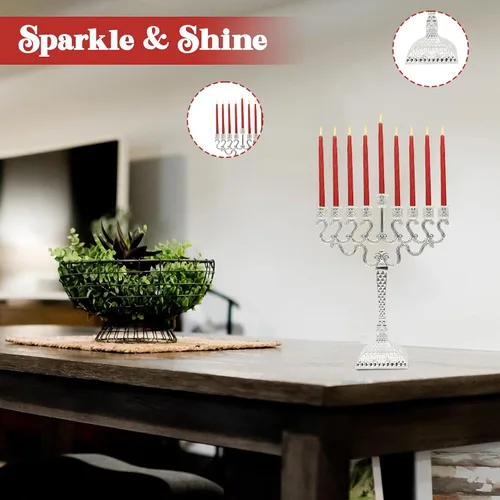 Vista 5 de Majestic Giftware Menorá de Janucá chapada en plata con diseño de cuentas (MN-HA123) Compatible con velas estándar de Janucá Calidad duradera