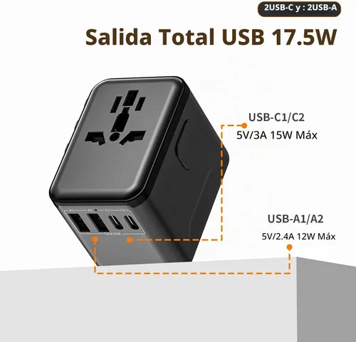 Vista 7 de CC Store Adaptador de viaje universal con 3 puertos USB-C y 2 USB-A 17.5W Negro-17.5W