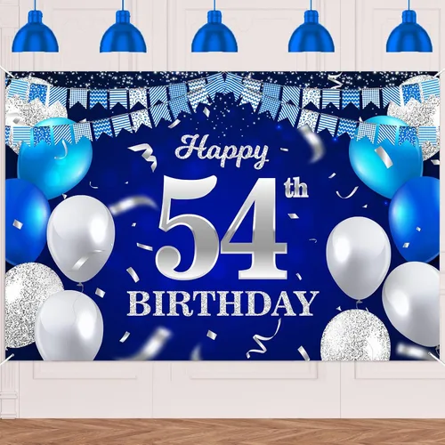 Vista 29 de Bandera de feliz primer cumpleaños con fondo azul marino, globos, confeti, bandera de rayas, luces de puntos, felicitaciones por el tema de 1 año