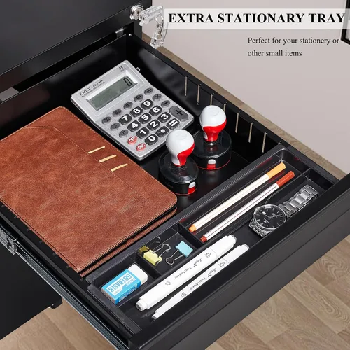 Vista 4 de Archivadores móviles de 3 cajones de metal con ruedas para archivos legales y de cartas, diseño anti-inclinación con cerradura debajo