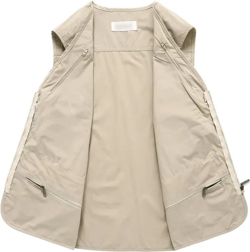 Vista 5 de Hbufnha Chaleco de viaje casual Safari para hombre, 16 bolsillos, chaleco de trabajo al aire libre, chaqueta sin mangas, chaqueta de pesca
