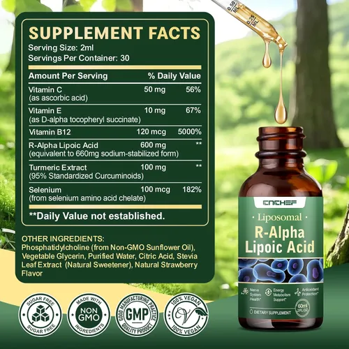 Vista 4 de 2 gotas líquidas R de ácido alfa lipoico de 600 mg – Suplemento ALA salvador de nervios para neuropatía para nervios, energía y apoyo al metabolismo