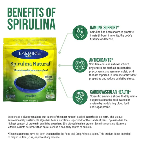 Vista 3 de Earthrise Spirulina Polvo natural de 32 onzas, espirulina natural premium de California, vegano, sin gluten, apto para ceto, sin OMG, súper alimento