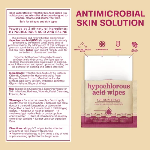 Vista 2 de BASE LABORATORIES Toallitas de ácido hipocloroso para rostro y piel – Limpieza facial y reparación diaria de la piel Toallitas de ácido hipocloroso