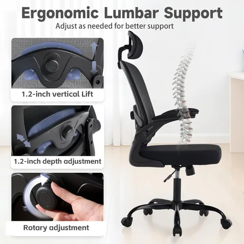 Vista 3 de Silla de oficina ergonómica con soporte lumbar ajustable, silla de escritorio de oficina con reposacabezas ajustable, malla transpirable, cojín