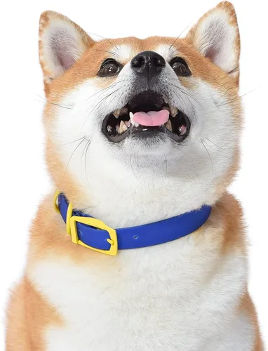 Vista 6 de Wags & Wiggles Collar de perro de PVC impermeable, azul marino y amarillo, totalmente impermeable para uso en piscina, lago y playa, correa