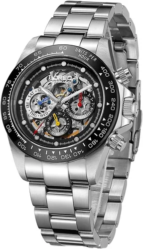 Vista 2 de LOREO Reloj Automático para Hombre de Acero Inoxidable Plateado con Cristal de Zafiro, Bisel de Cerámica, Fecha, Militar, de Buceo, Impermeable Negro