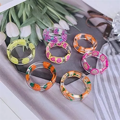 Vista 2 de COLORFUL BLING Juego de 6 anillos de resina para frutas Pitaya, fresa, manzana, sandía limón, kiwi, uva de verano, nudillos de acrílico transparente