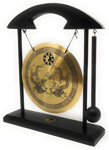 Vista 2 de Gong Bell de escritorio de Feng Shui de latón con soporte y pisón para decoración del hogar, dragones gemelos