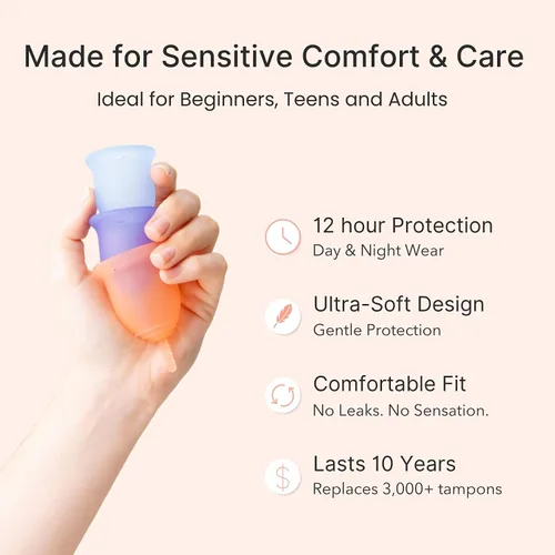 Vista 4 de Lena Juego de 2 copas menstruales sensibles ultrasuaves (pequeñas y grandes) de silicona de grado médico para mujeres, flujo pesado, reutilizable