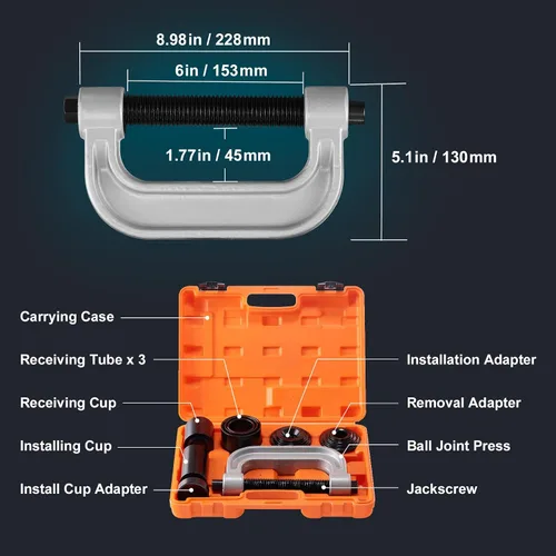 Vista 8 de VEVOR Kit de prensa de rótula, juego de herramientas de 10 piezas, herramientas de C-Press para quitar e instalar rótulas, para la mayoría de coches