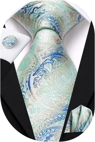 Vista 52 de Hi-Tie Conjunto de corbatas de seda con estampado paisley para hombre, pañuelo de bolsillo y gemelos, conjuntos de corbata formal para negocios a