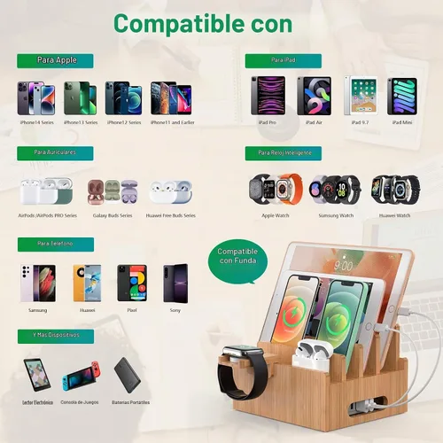 Vista 4 de Estación de carga para teléfono celular Pezin & Hulin, organizador de muelle de bambú para múltiples dispositivos, tabletas, reloj inteligente