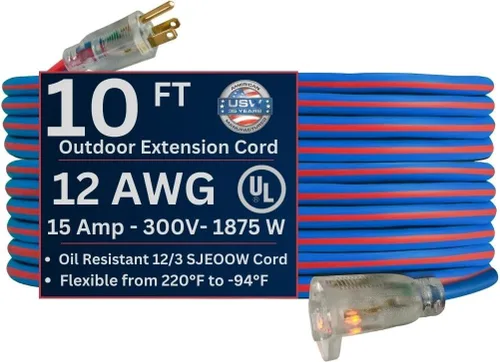 Vista 9 de US Wire 99025 12/3 25 pies SJEOW TPE Cable de extensión para clima frío azul con enchufe iluminado