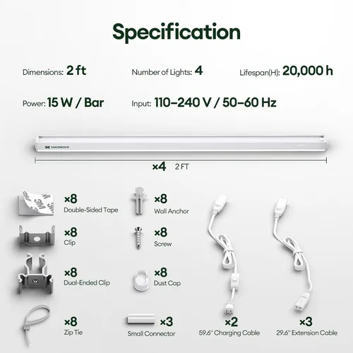Vista 9 de Maygrove Luces de cultivo para plantas de interior de 2 pies, luz de crecimiento de espectro completo similar al sol, 5000 K, 60 W (4 x 15 W), tiras