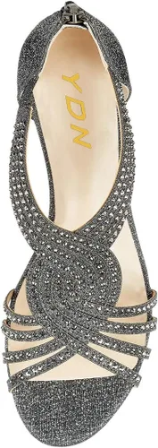 Vista 3 de YDN Sandalias de verano con purpurina para mujer, con diamantes de imitación con punta abierta, correas cruzadas, tacones medios con cremallera