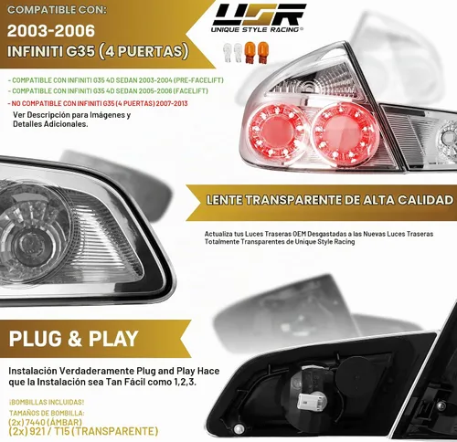 Vista 3 de USR 03-06 VQ Sedan Luz Trasera – Juego de Lámparas Traseras (Izquierda + Derecha) Par - Compatible con 2003-2004 Infiniti G35 4 Puertas Pre-Facelift