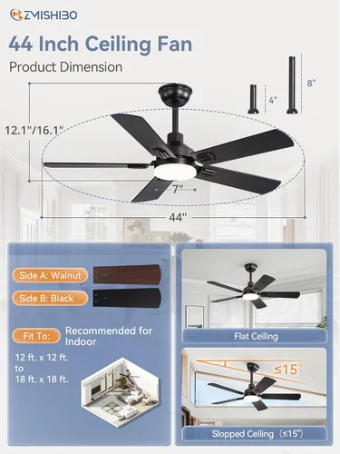 Vista 5 de ZMISHIBO Ventiladores de techo de 44 pulgadas con luces, ventilador de techo moderno negro con control remoto, ventilador de techo