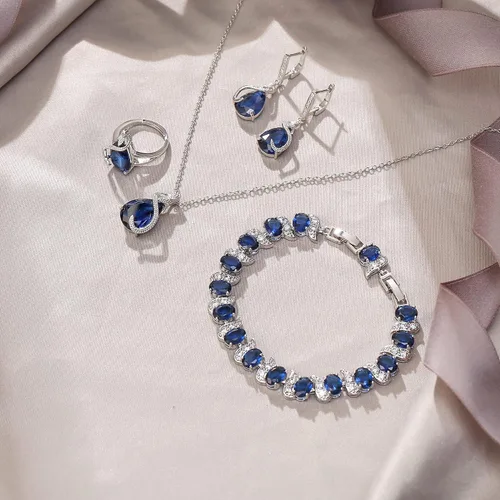 Vista 4 de EVER FAITH Juego de joyas de boda para novia, dama de honor, glamour, lágrima, circonita cúbica, collar, aretes, pulsera de tenis, juegos de anillos
