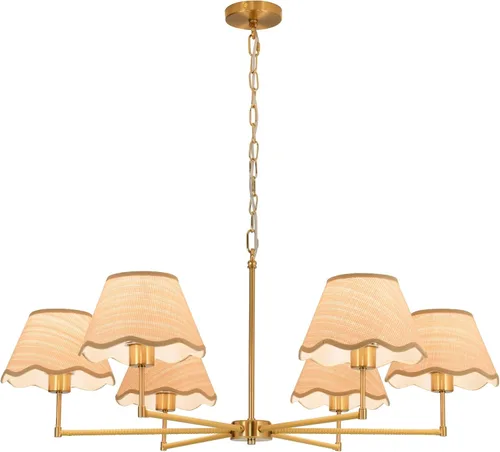 Vista 8 de Candelabro de ratán bohemio de 6 luces de 39 pulgadas, lámpara colgante de ratán con pantalla tejida a mano, altura ajustable, lámpara de comedor