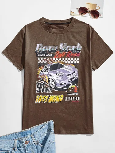 Vista 5 de WDIRARA Camiseta de manga corta con cuello redondo y estampado gráfico de letras para hombre