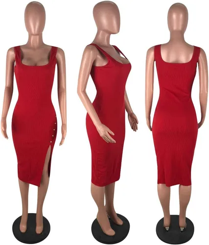 Vista 4 de Salimdy - Vestido de longitud media con corte tubo, sexy y liso, con tirantes delgados, acanalado, con botones, abertura lateral, entallado