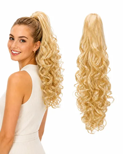 Vista 20 de Prettyshop - Extensión de cola de caballo de 24 pulgadas con clip, larga, voluminosa, ondulada, resistente al calor, color negro H63 Negro # 1 H63
