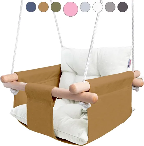 Vista 13 de CaTeam Asiento de columpio de lona para bebé con cinturón de seguridad de 5 puntos, columpio colgante de madera para niños pequeños, interior y Gris
