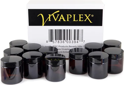 Vista 3 de Vivaplex, 12, ámbar, redondo, de 4 oz, tarros de vidrio, con forros interiores y tapas negras.
