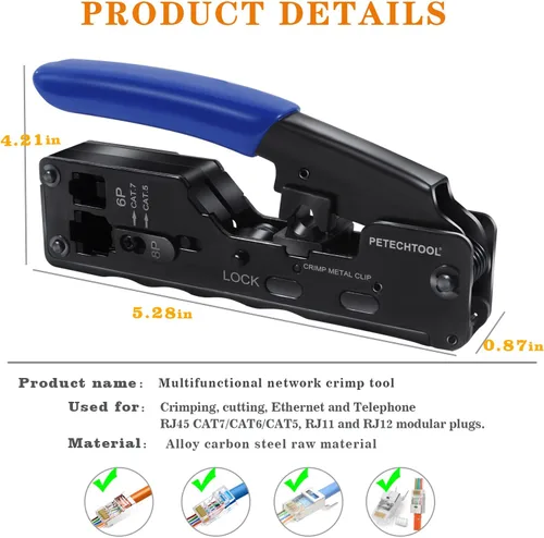 Vista 8 de Herramienta de crimpado RJ45 Herramienta de crimpado Ethernet Cortador de alambre Crimper para Cat7 Cat6a Cat6 Cat5e Pasa a través de conectores