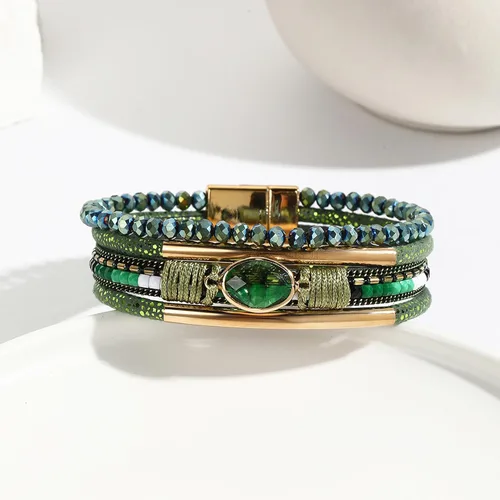 Vista 2 de Long tiantian Leather Wrap Bracelets Crystal Bead Bracelet Boho Cuff Stone Charm Bracelets with Clasp Multi-Layer Leather Cuff Bangle Jewelry Gifts