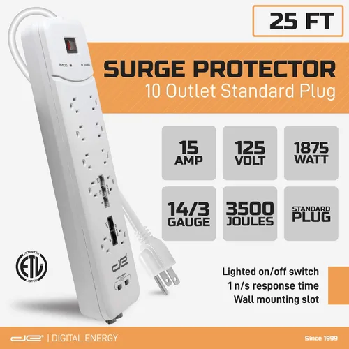 Vista 8 de Digital Energy Protector contra sobretensiones resistente de 10 salidas de enchufe recto de 4050 julios (25 pies, WHT)