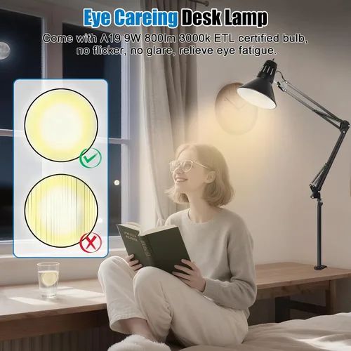 Vista 6 de Lámpara de escritorio con abrazadera LED, lámpara de escritorio con brazo oscilante ajustable de 360°, luz de abrazadera con bombilla LED que cuida