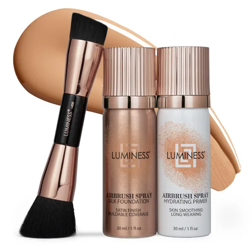 Vista 18 de LUMINESS Silk Airbrush Spray Foundation Kit de 3 piezas – base, prebase y brocha de maquillaje en ángulo de doble cara – Cobertura modulable