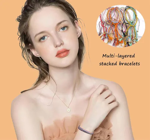 Vista 3 de Svovin 36 pulseras tejidas para mujeres y hombres, Muticolor, ajustables, trenzadas, hechas a mano, con cuentas bohemias apilables, juego