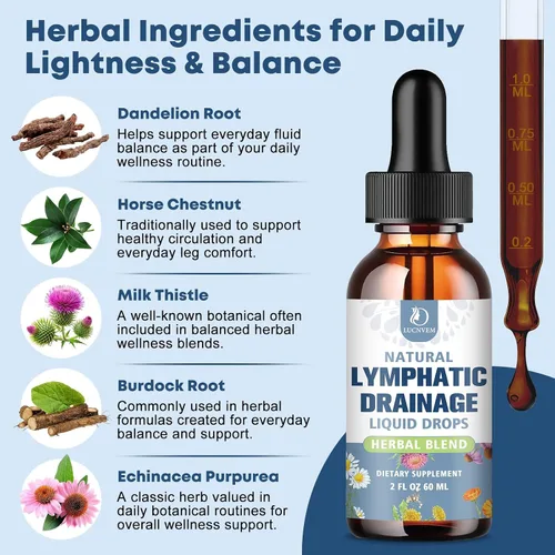 Vista 2 de LUCNVEM Gotas de drenaje linfático liposomal: gotas de drenaje linfático orgánico 9 en 1 con equinácea, raíz de bardana, diente de león, cardo