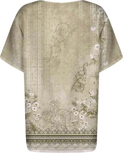 Vista 5 de Camisetas casuales Henley con botones para mujer, con bolsillo, manga corta, estampado geométrico, cuello en V, ropa de verano