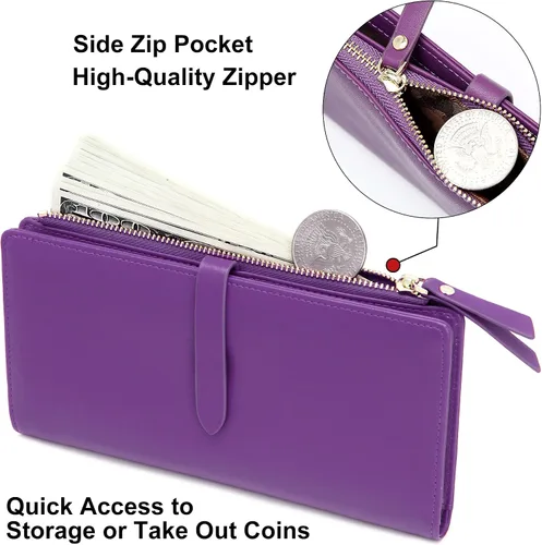 Vista 6 de KUKOO Billetera para mujer ultra delgada RFID para tarjetas de crédito con bolsillo con cremallera, Z- Morado oscuro