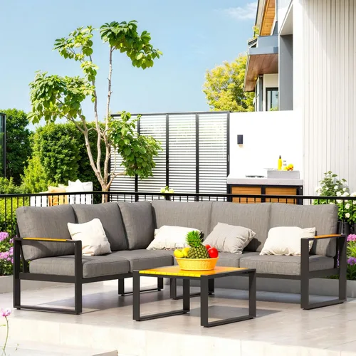 Vista 8 de Juego de muebles de aluminio para patio, sofá modular para todo tipo de clima, juegos de conversación de patio en forma de L, sofá esquinero