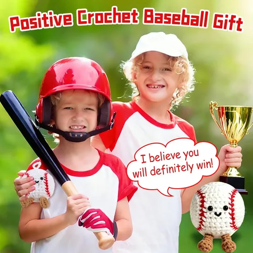 Vista 8 de Regalos positivos de ganchillo de béisbol para niños, hombres, papá, muñeca de punto inspiradora con tarjeta de aliento y llavero de caja, divertida
