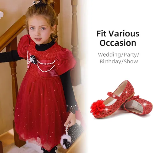 Vista 6 de Parrosoo Zapatos de vestir para niñas, zapatos brillantes Mary Jane, zapatos de ballet con purpurina, tacón bajo, para niña, escuela, princesa