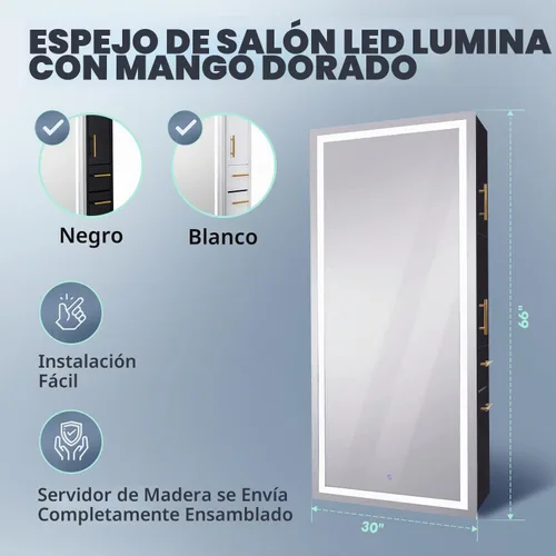 Vista 2 de Pibbs 9110 Lumina LED Salon Mirror Storage Server Gold Handle Negro