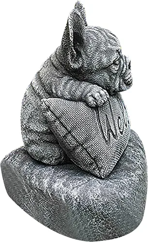Vista 3 de Estatua de bulldog francés para exteriores, letrero de bienvenida al aire libre, Bulldog francés Welcome On A Plinth Garden Miniaturas de verano